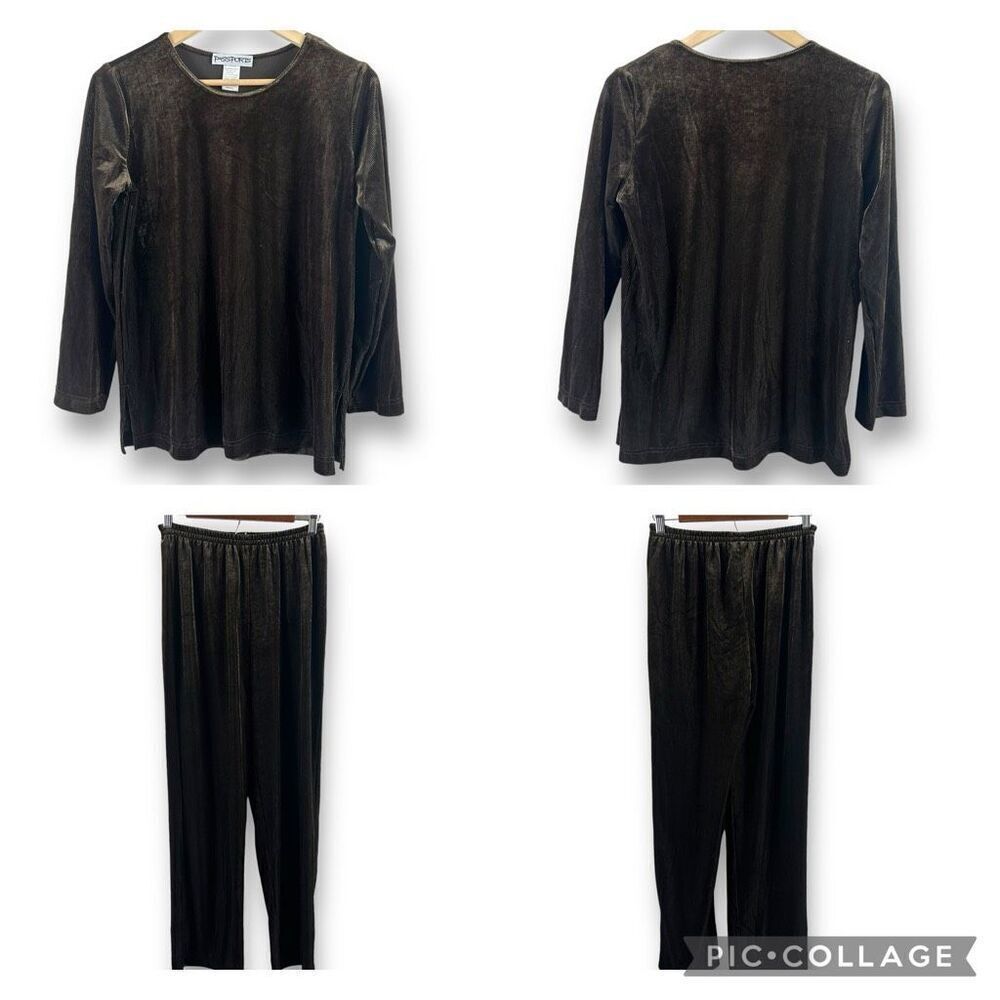 Vintage Passports Women's S Crushed Velvet Pajama Set Brown‎ Ribbed Loungewear